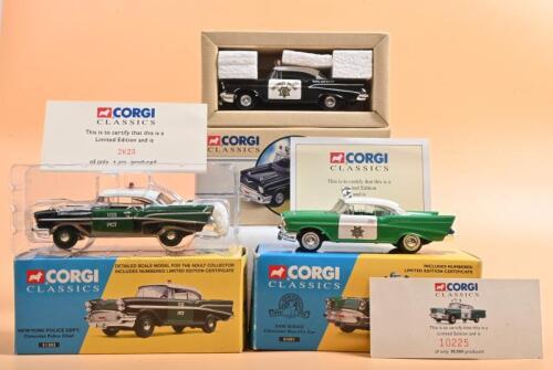 CORGI CLASSICS: Three 1:43 scale CORGI CLASSICS American Police cars. Limited Edition Chevrolet Sheriff's Car in 'SAN DIEGO' livery numbered '10225' of 10,900 produced & Limited Edition Chevrolet Police Chief model in 'NEW YORK POLICE DEPT' livery (5130