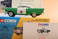 CORGI CLASSICS: Three 1:43 scale CORGI CLASSICS American Police cars. Limited Edition Chevrolet Sheriff's Car in 'SAN DIEGO' livery numbered '10225' of 10,900 produced & Limited Edition Chevrolet Police Chief model in 'NEW YORK POLICE DEPT' livery (5130 - 3