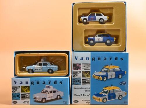 HILLMAN: A group of 1:43 scale Hillman models by Lledo Vanguards. Hillman Imp set - "Pinky & Perky" - both in Dunbartonshire Police liveries (PP1002) numbered '1161' of 4000 produced & Hillman Minx IIIA in 'SOMERSET COUNTY CONSTABULARY' livery (VA06805)