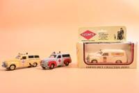 HOLDEN: Three 1:43 scale Holden FJ Panel vans. TRAX 'FJ HOLDEN VAN "VEGEMITE" & Matchbox Models of Yesteryear FJ Vans in Ambulance liveries