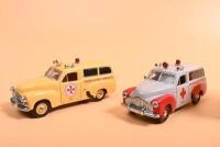 HOLDEN: Three 1:43 scale Holden FJ Panel vans. TRAX 'FJ HOLDEN VAN "VEGEMITE" & Matchbox Models of Yesteryear FJ Vans in Ambulance liveries - 2
