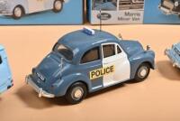 MORRIS: A collection of boxed and unboxed Lledo Vanguards Morris Minor Police car and van models. Limited Edition MORRIS MINOR PANDA CAR numbered '0960'/2800 & 'METROPOLITAN POLICE DOG SECTION MORRIS MINOR VAN' in dark blue numbered '0478'/4000 - 5