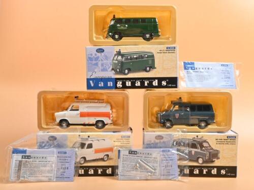 EUROPEAN VANS: Three Limited Edition 1:43 scale Lledo Vanguards European Police and security vans. MKI FORD TRANSIT MINIBUS in Compagnies Republicaines de Securite (CRS) (France) livery (VA 06608) numbered '1660'/2600 & VW T1 TRANSPORTER in Hassen Poliz