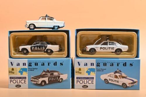 INTERNATIONAL POLICE CARS: Three 1:43 scale Lledo Vanguards International Police car models. Limited Edition Ford Zephyr 6 MkIII in 'Swedish POLIS' livery (VA04605) numbered '1417'/2,300 & Limited Edition Ford Consul 3000 GT in 'STAD ANTWERPEN POLITE' liv