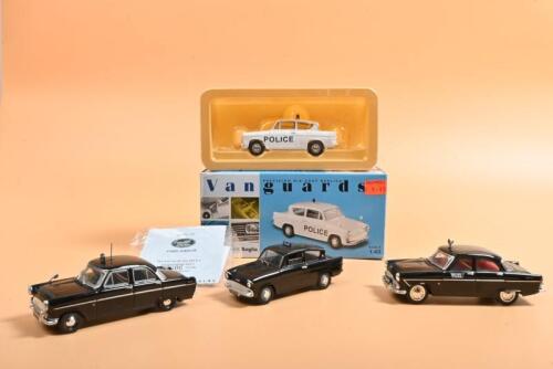FORD: A group of four 1:43 scale Lledo Vanguards models. Ford Anglia in 'LIVERPOOL AND BOOTLE POLICE' livery (VA00120). Ford Consul & Zephyr MK2 models