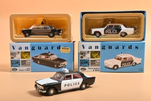 FORD ZEPHYR: Three 1:43 scale Lledo Vanguards Ford Zephyr 6 MkIII models. FORD ZEPHYR 6 MKIII in PLYMOUTH CITY POLICE livery (VA04603) numbered '1176'/5,000 & VA04604 in 'ROYAL ULSTER CONSTABULARY' livery, numbered '2027'/4,000