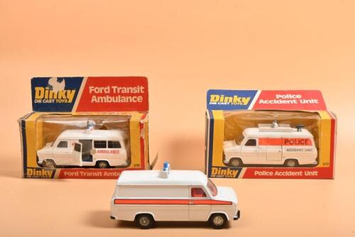 DINKY: Three Dinky TOYS Ford Transit Van vans. 'Police Accident Unit' (272) & 'Ford Transit Ambulance' (276)