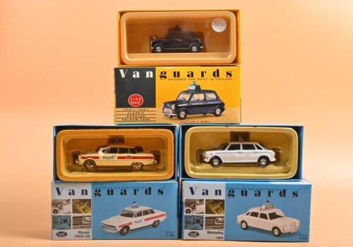 ENGLISH POLICE CARS: A group of three 1:43 scale Lledo Vanguards Police cars. Limited Edition ROVER 3500 V8 in Hampshire Constabulary livery (VA06503) & Wolseley 1800 in CITY OF LONDON POLICE livery (VA08501). Limited production runs