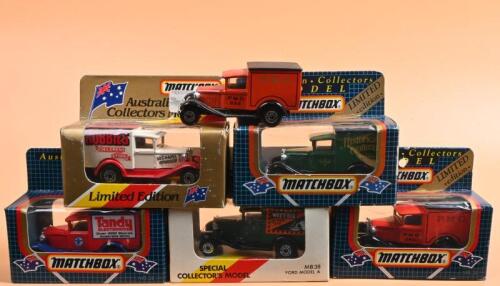MB-38: A collection of Matchbox MB-38 Model A Ford Limited Edition promotional vans. Liveries include 'ROBBIE'S CHILDREN'S STORE', 'Tandy ELECTRONICS', 'WEET-BIX'