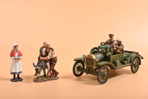 WWI: Three 1:30 scale WWI all metal figurines. KING & COUNTRY FORD MODEL"T" Vickers Machine Gun Carrier. Field nurse figurine