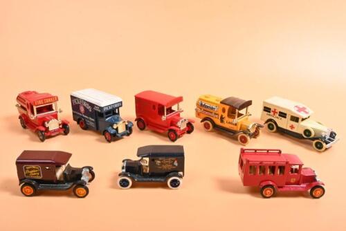 VINTAGE CARS: A collection of eight vintage diecast promotional models by Lledo (DAYS GONE) and efsi (Holland). Model T-Fords and Morris van in various liveries