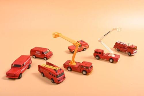 FIRE VEHICLES: A group of fire emergency diecast vehicles. CORGI 1:64 Range Rover, ERF Fire Tender, Simon Snorkel Fire Engine models