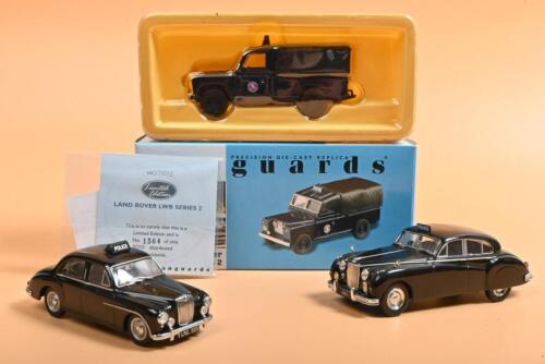 ENGLISH POLICE CARS: Three 1:43 scale English Police Cars. Lledo Vanguards LAND ROVER LWB SERIES 2 in KENT CONSTABULARY livery (VA07601), numbered '1564' of 5000 distributed worldwide. Jaguar MK 7 & MG Magnette models