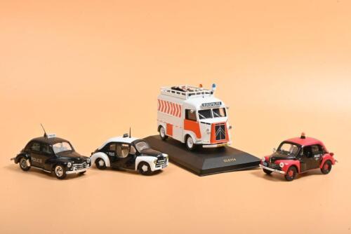 FRENCH POLICE CARS: Four French Police cars and van. three Renault 4CV 1:43 scale models by ELIGOR and Solido. CITROEN TYPE H "DUTCH POLICE" 1972 van