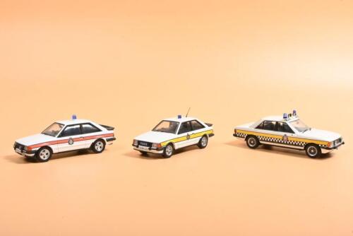 FORD: Three 1:43 scale Lledo Vanguards English Ford Police cars. Ford Granada MK2 in ESSEX POLICE livery & Ford escort MKIII English Police cars