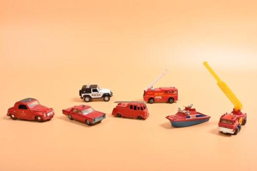 FIRE: Seven 1:64 scale FIRE diecast vehicles. Matchbox Superfast No59 Ford Galaxie FIRE CHIEF car & FUN HO! N.Z Fire Engine