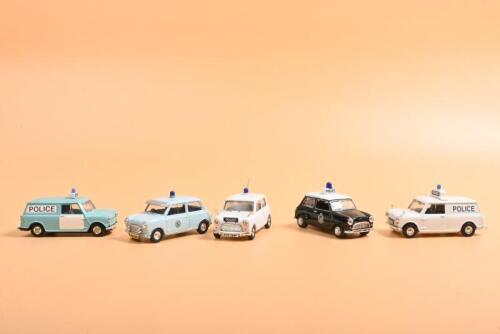 MINI: A group of five 1:43 scale Mini Police cars and vans. CORGI Mini Van & black Oxford Diecast POLICE Mini