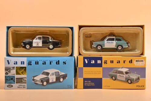 ENGLISH POLICE CARS: Two Limited Edition English Police cars in 1:43 scale by Lledo Vanguards. 'SALFORD CITY POLICE HILLMAN MINX IIIA' (VA06801) numbered '4042'/5600 & Austin A40 Farina in Birmingham Police livery (VA11201) numbered '1148' of 2000