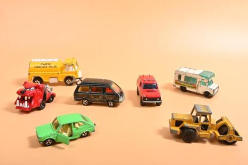 DIECAST: A collection of diecast vehicles predominantly manufactured by MAJORETTE. MAJORETTE Fiat 127 in light green & Matchbox ROTTWHEELER
