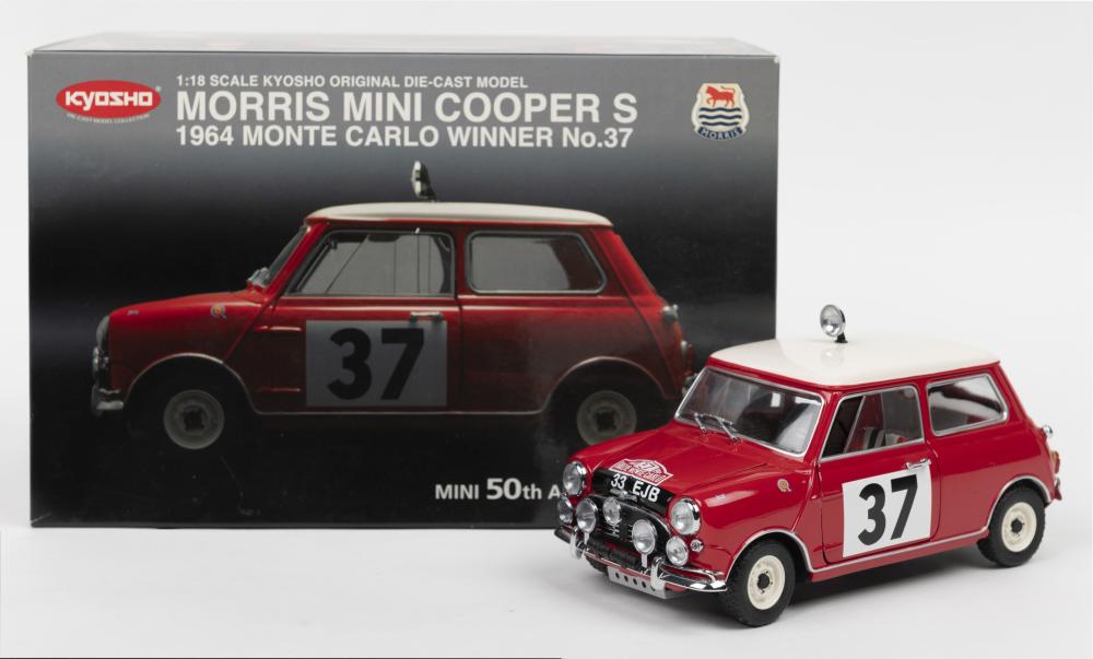 MINI COOPER S: A KYOSHO 1:18 scale MORRIS MINI COOPER S as raced to victory  at 1964 MONTE CARLO (No.08102A) - Price Estimate: $ - $