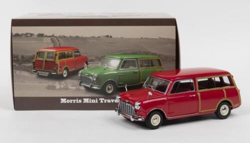 MORRIS MINI TRAVELLER: A KYOSHO 1:18 scale Morris Mini Traveller in red (No.08195R). Wood inserts