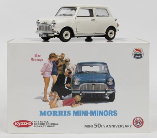 MORRIS MINI MINOR: A KYOSHO 1:18 scale Morris Mini-Minor in white (No.08105W). Model commemorates the 50th Anniversary of Mini