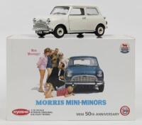 MORRIS MINI MINOR: A KYOSHO 1:18 scale Morris Mini-Minor in white (No.08105W). Model commemorates the 50th Anniversary of Mini