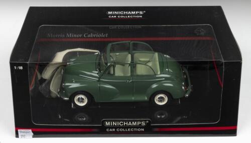 MORRIS MINOR CABRIOLET: A MINICHAMPS 1:18 scale Morris Minor Cabriolet in Almond green
