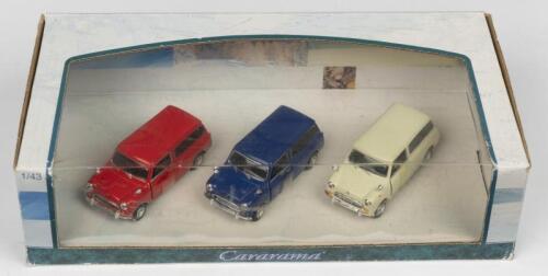 MINI: A Cararama 1:43 scale Mini set (SERIES NO: 353). Consisting of three Mini Van's in red, blue and white