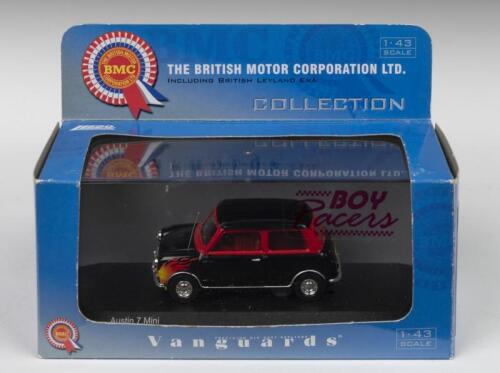 AUSTIN 7 MINI: A Lledo Vanguards 1:43 scale Austin 7 Mini (VA 01308) - 'THE BRITISH MOTOR CORPORATION LTD., COLLECTION'. Black with flame decals to front guards