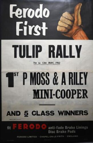 PAT MOSS: A rare original 1962 Ferodo First 'TULIP RALLY' results poster (PUBLICATION : 998 5/59) proclaiming 1st place for P Moss & A Riley in a Mini-Cooper