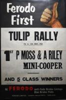 PAT MOSS: A rare original 1962 Ferodo First 'TULIP RALLY' results poster (PUBLICATION : 998 5/59) proclaiming 1st place for P Moss & A Riley in a Mini-Cooper