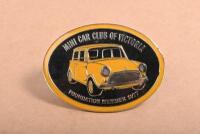 MINI CLUB: An oval 'MINI CAR CLUB OF VICTORIA - FOUNDATION MEMBER 1977' metal grill badge, 10cm wide