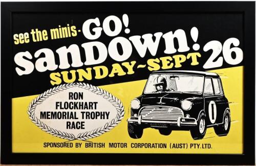 PETER MANTON: A rare circa 1963&nbsp;'see the minis - GO! SANDOWN! SUNDAY-SEPT 26' promotional poster, prepared for the Ron Flockhart Memorial Trophy Race. Features the Peter Manton Mini