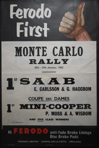 PAT MOSS:&nbsp;A rare original 1962 Ferodo First 'MONTE CARLO RALLY' results poster (PUBLICATION : 998 5/59). 'COUPE DES DAMES' results of&nbsp;1st place for MINI-COOPER as driven by P.Moss & A.Wisdom