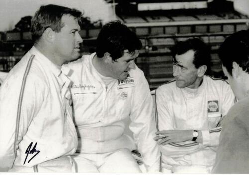MANTON: A large hand signed photograph featuring Shell Racing teammates Peter Manton and Jim McKeown with Leo Geoghegan (Ford Mustang), signed in black marker lower by Jim McKeown