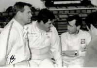 MANTON: A large hand signed photograph featuring Shell Racing teammates Peter Manton and Jim McKeown with Leo Geoghegan (Ford Mustang), signed in black marker lower by Jim McKeown