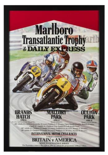 TRANSATLANTIC TROPHY: An original circa 1970s 'Marlboro Transatlantic Trophy - DAILY EXPRESS - International Motor Cycle Races, BRITAIN v AMERICA' poster, measures approximately 76 cm H, 51 cm W, framed and glazed
