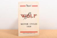WOLF MOTOR CYCLES: A original 1938 Wolf Motor Cycles fold out colour brochure, featuring Wolf Vixen 148 c.c, 250 c.c super sports, Minor 147 c.c and Wolf Unit 125 c.c models