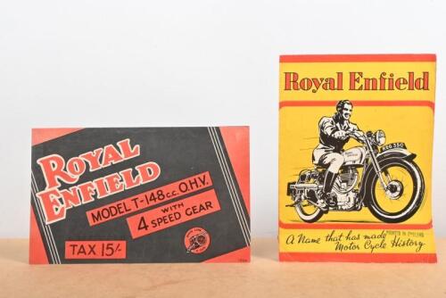 ROYAL ENFIELD: Two original Royal Enfield sales brochures, one a fold out colour brochure featuring models R.E. 125c.c, G 350c.c, other a model j. 500c.c. colour fold out brochure on 'The New Royal Enfield Model T' motorcycle.