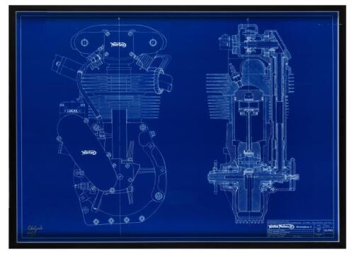 NORTON MANX: A large framed and glazed print of the draughtsman's blueprint drawing in 1:1 scale, Norton Manx Engine 30M/499cc, autographed and numbered by Ron Holyoake