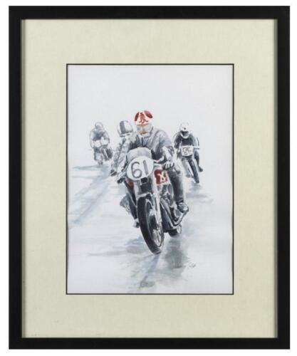 ALLEN BURT: A framed and glazed water colour painting depicting Allen Burt racing in the wet at Laxenburg, Austria in 1958, by artist Jan Schuster Callus