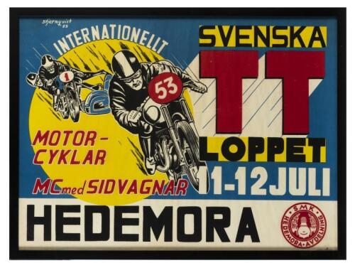 HEDEMORA MOTORCYCLE RACE: A large and impressive framed and glazed poster from the 1953 Svenska TT Loppet motorcycle race held in Hedemora Sweden