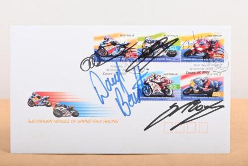 AUSTRALIAN GP HEROES: An Australian Heroes of Grand Prix Racing Australian Post envelope with attached stamps, autographed by five riders