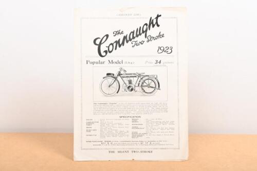 CONNAUGHT: An original double sided fold out Connaught 'Two Stroke' sales brochure, featuring 4 models, including the 2 & 3/4 h.p. 'Popular', 2 & 3/4 h.p 'Standard', 3 & 1/2 h.p. 'Sports' and the 'De-Luxe solo (3 &1/2 h.p combination models).