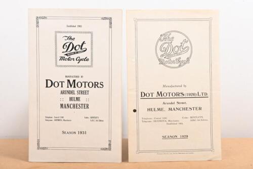 THE DOT MOTOR CYCLE: Two original The Dot Motorcycle season double sided fold out brochures, one a season 1929 brochure, the other a season 1931 brochure