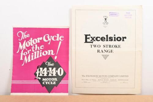 EXCELSIOR: Two original Excelsior brochures, one being a large colour fold out brochure featuring the 'Excelsior Universal Model AO', the other a Excelsior two stroke range season 1928 brochure
