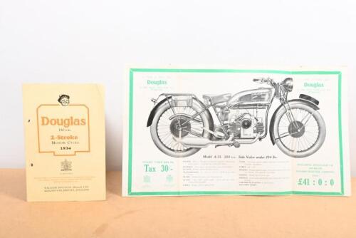 DOUGLAS: Two Douglas fold out brochures, one being a 1931 large colour fold out brochure of the Douglas 350 motor cycle, the other a Douglas 1934 colour foldout brochure of the 150 c.c 2 stroke motor cycle.