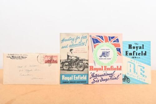 ROYAL ENFIELD: Four original items related to early Royal Enfield motorcycles including, two small brochures related to the R.E model, a Royal Enfield 'in the International Six Days Trial' booklet, and a letter from Du Page Cycle Co Lisle, Illinois on the
