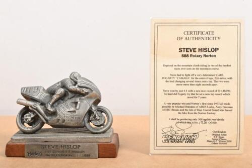STEVE HISLOP NORTON: A impressive hand made pewter sculpture of Steve Hislop's Norton racing motorcycle from the 1992 Senior T.T Winner, crafted in Europe by Glen English Classic Arts, numbered 128/500 with COA